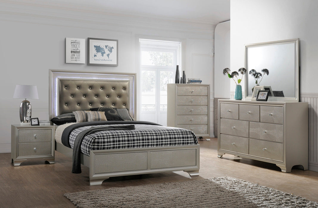 Lyssa Champagne King LED Upholstered Panel Bed