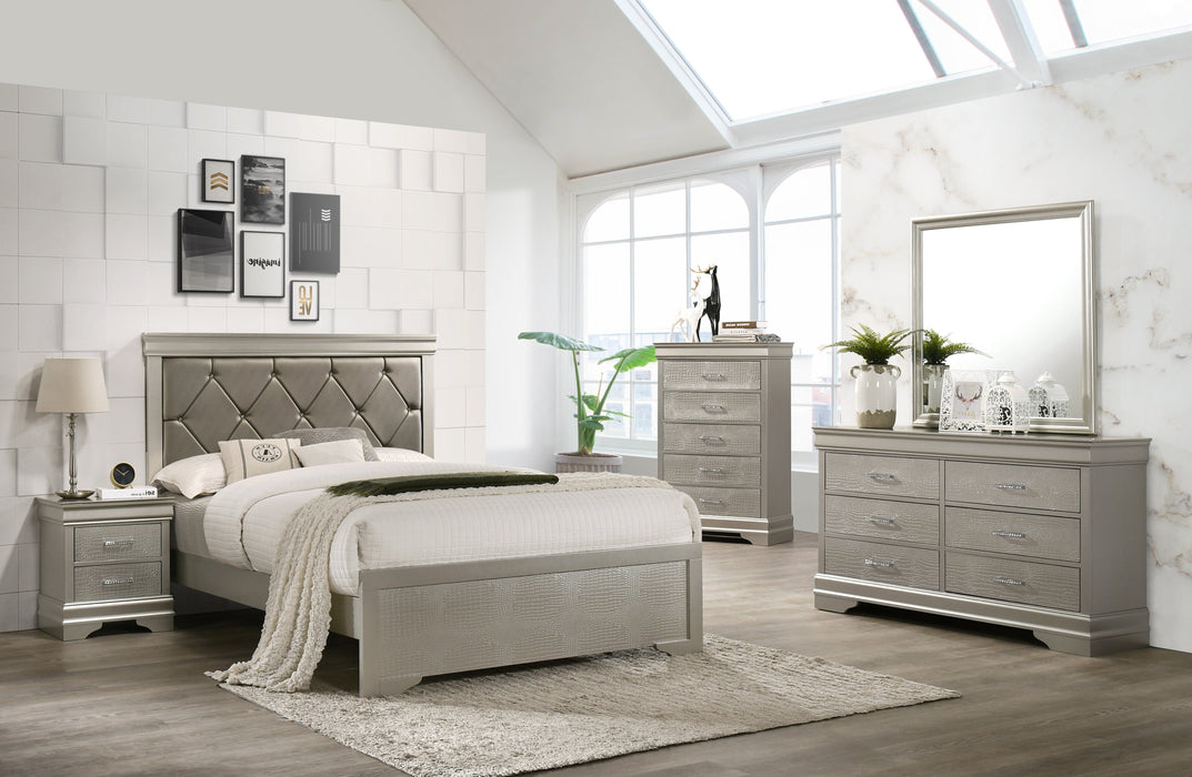 Amalia Champagne Silver Upholstered Panel Bedroom Set