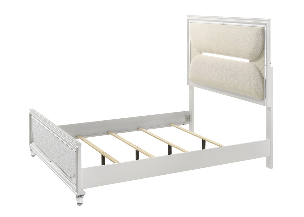 Eden White Queen Boucle Upholstered LED Panel Bed