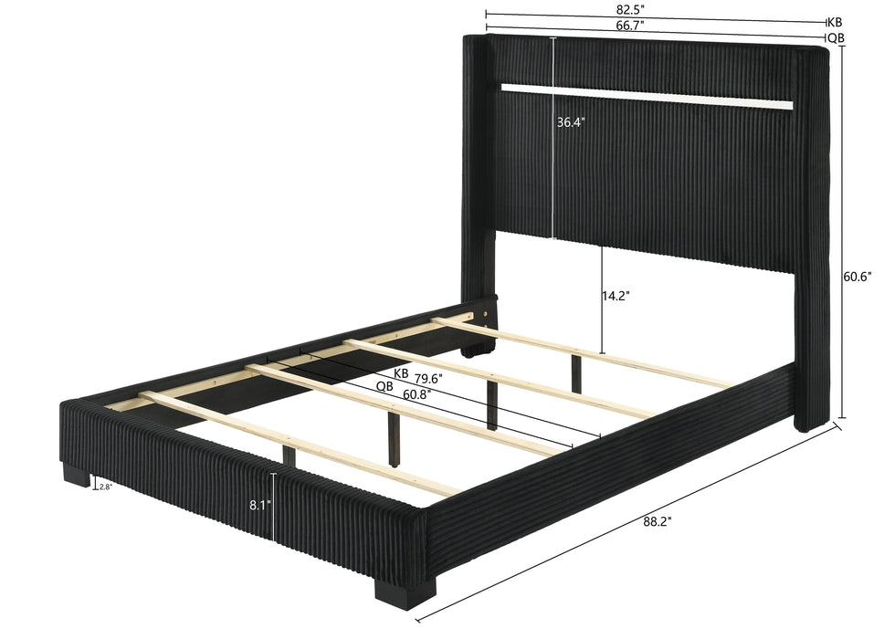 Gennro Black Corduroy King Upholstered Panel Bed