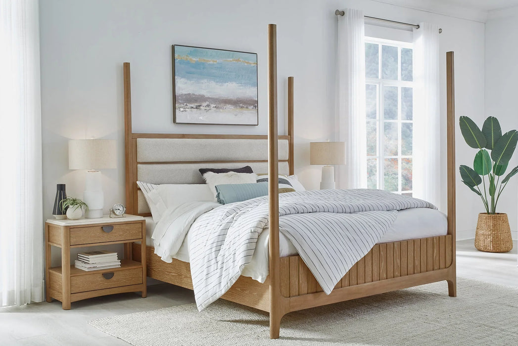 Modern Furniture - Escape King Poster Bed in Glazed Natural Oak & Neutral Fabric - BESC#1166-3