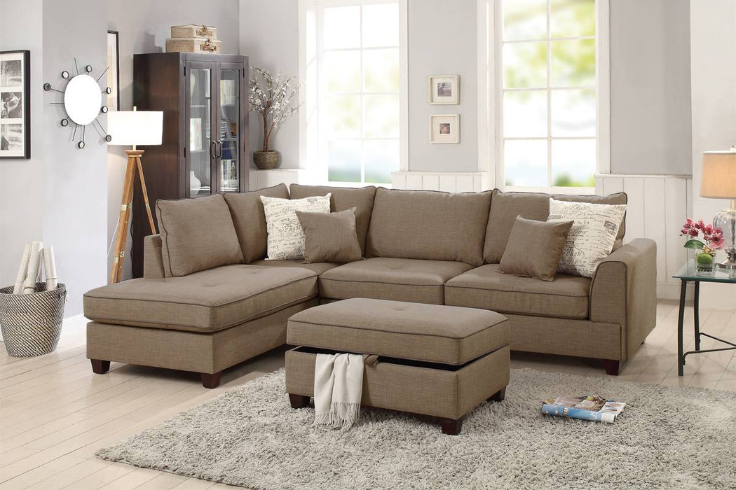 3pc Reversible Sectional W/ Storage Ottoman - Mocha