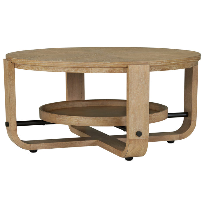 Modern Furniture - Escape Round Coffee Cocktail Table w/ Shelf in Glazed Natural Oak & Black Metal - ESC#01