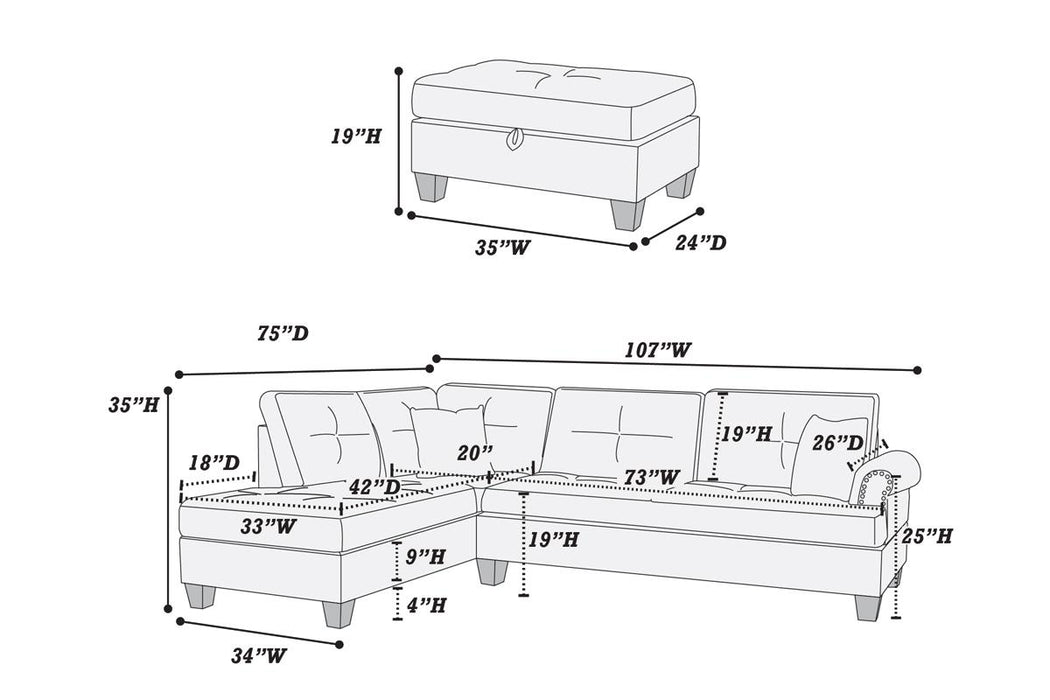 3-Piece Reversible Sectional Set W/ Storage Ottoman - Blue Grey