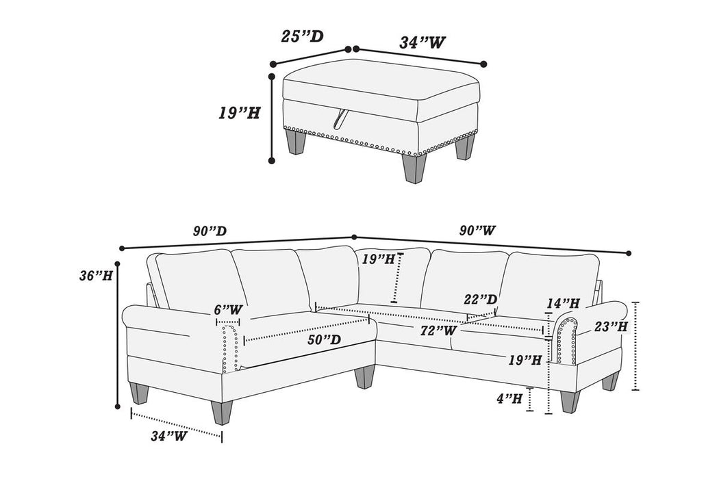 3-Piece Loveseat W/ Wedge Sectional Set & Storage Ottoman - Charcoal