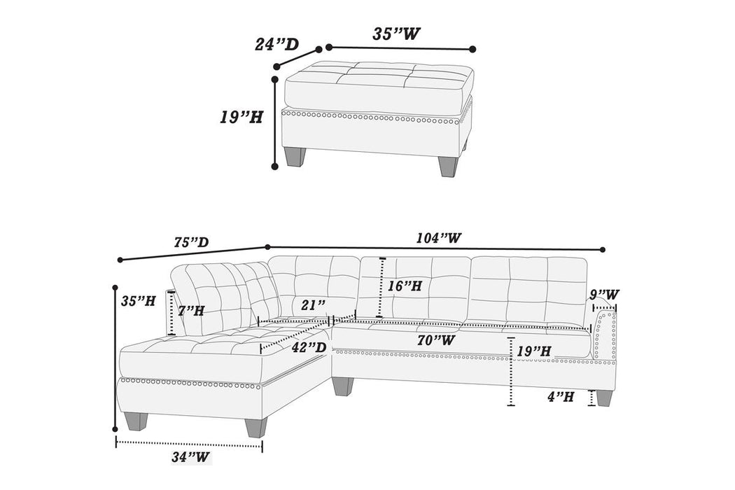 3pc Reversible Sectional Set W/ Ottoman - Coffee