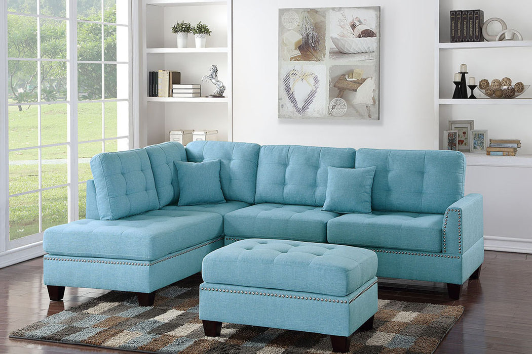 3pc Reversible Sectional Set W/ Ottoman - Blue