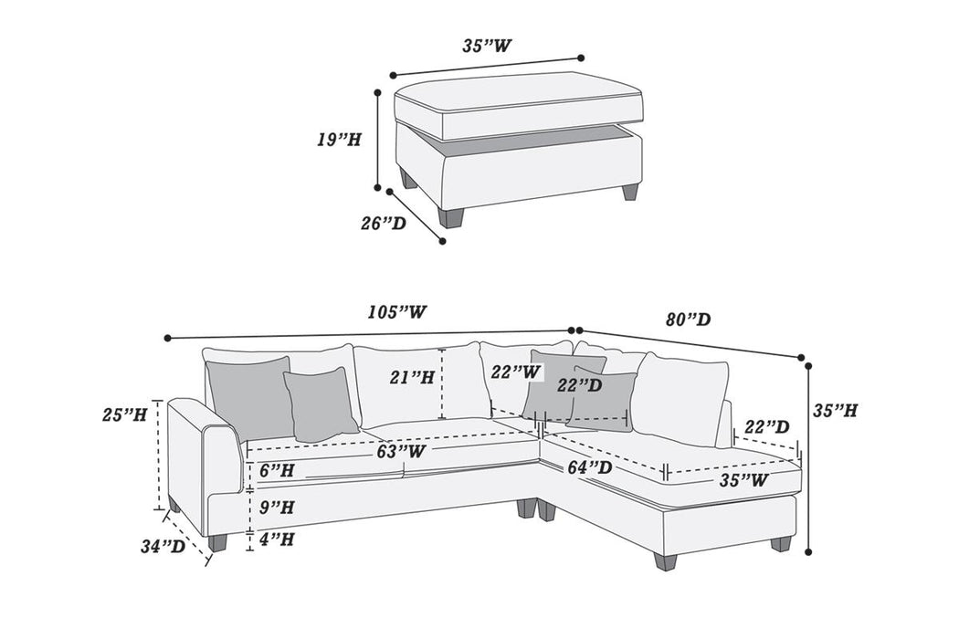 3pc Reversible Sectional W/ Storage Ottoman - Steel