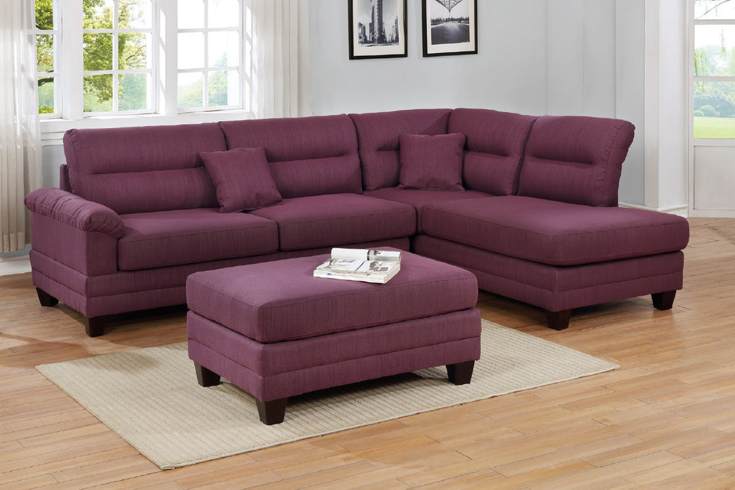 3-Pcs Sectional Set W/ Ottoman - Warm Purple