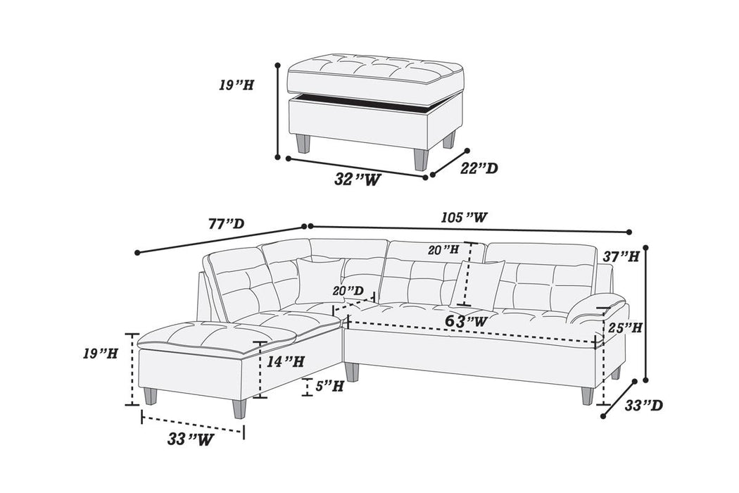 Left Facing Chaise Sectional Set W/ Ottoman - Black