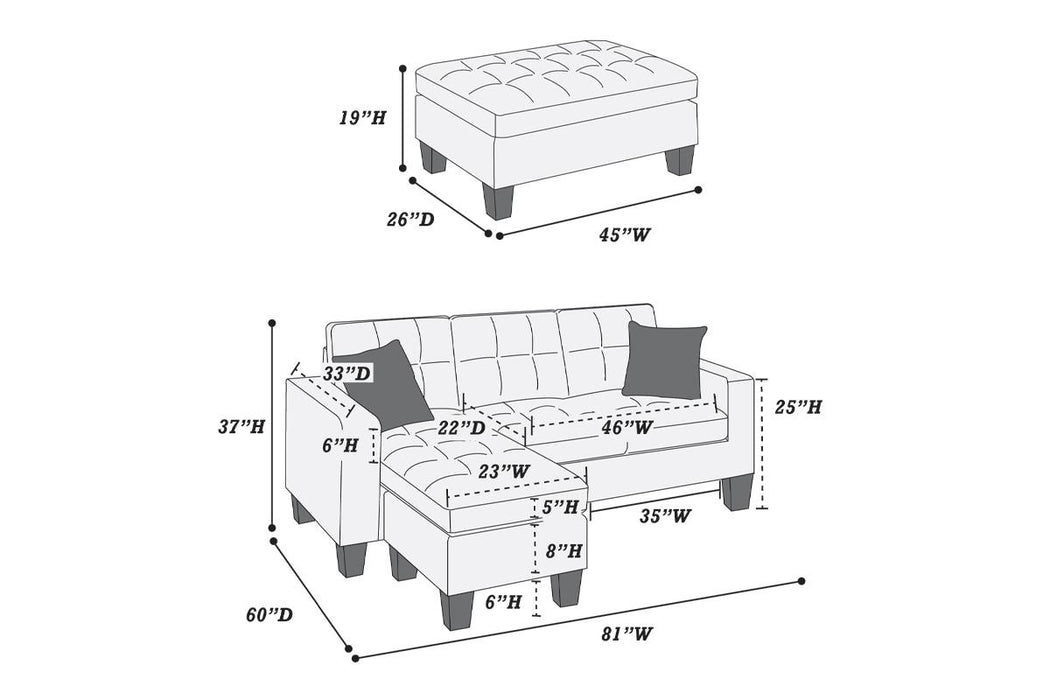 3pc Reversible Sectional Set W/ Ottoman - Blue Grey