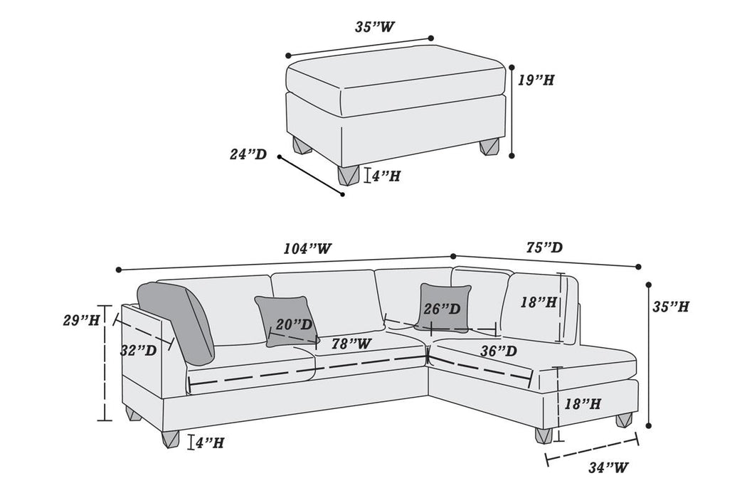 3pc Reversible Sectional W/ Ottoman - Grey