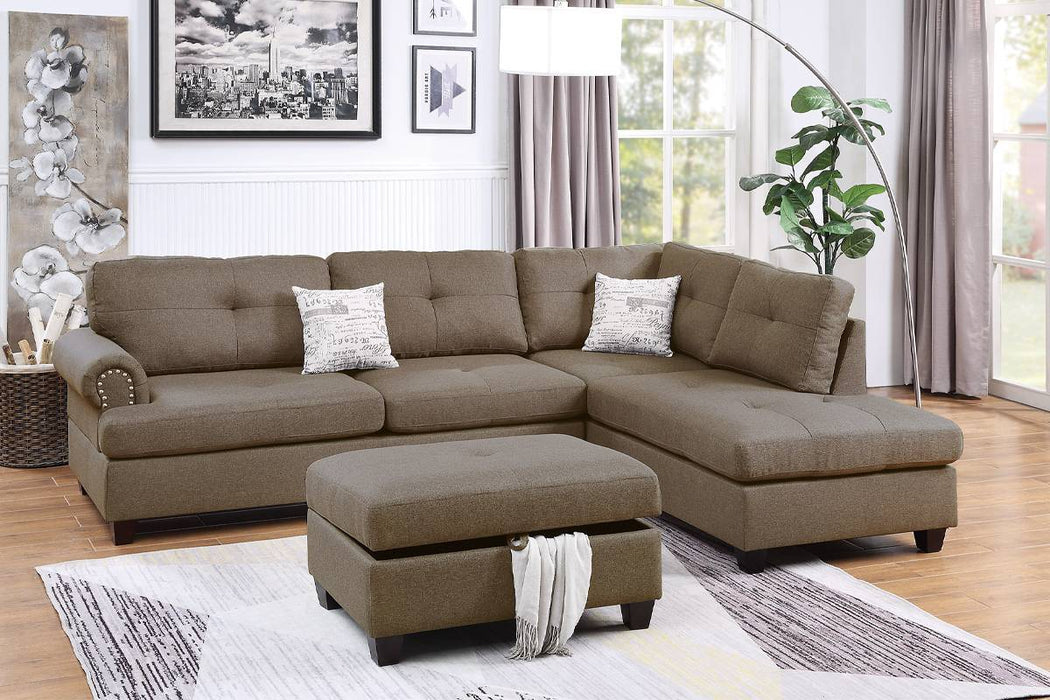 3-Piece Reversible Sectional Set W/ Storage Ottoman - Mocha