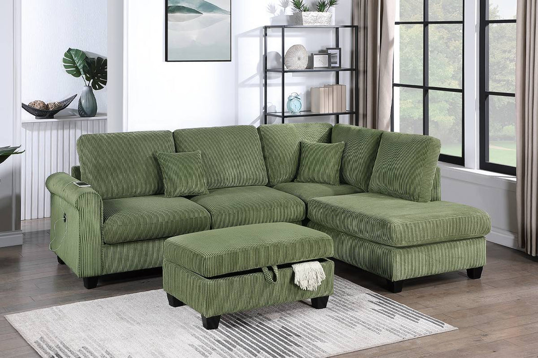 Sectional Sofa with Chaise, Sofa with USB Port & Storage Ottoman - Sage