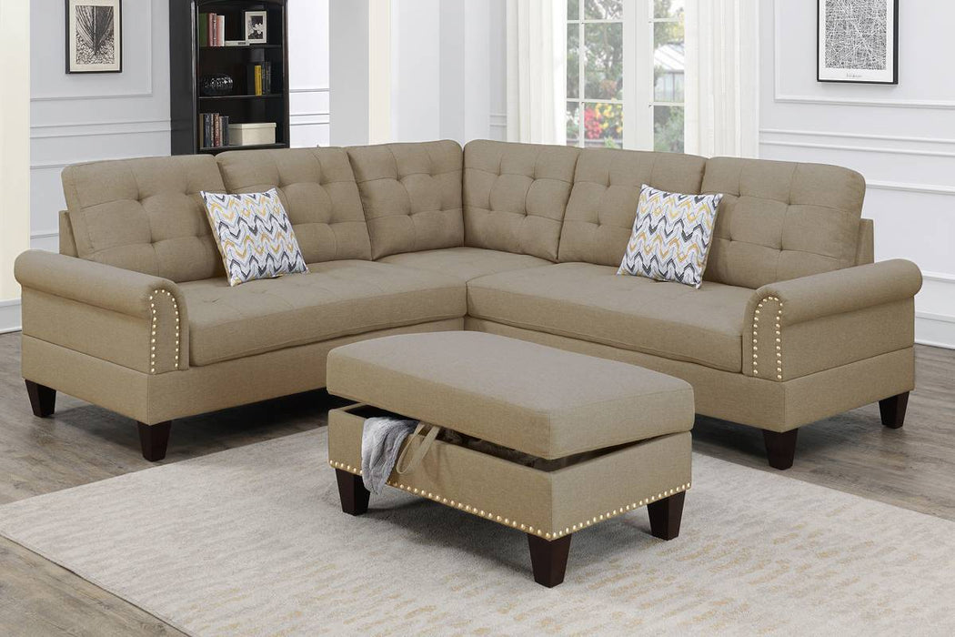 3pc Loveseat W/ Wedge Sectional Set & Storage Ottoman - Beige