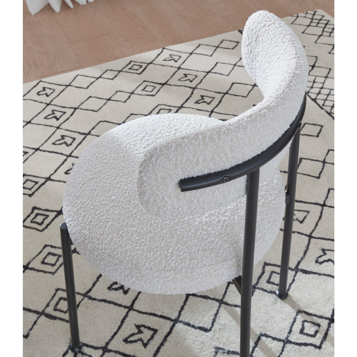 Aere Boucle Upholstered Metal Leg Dining Chair in Ivory and Black