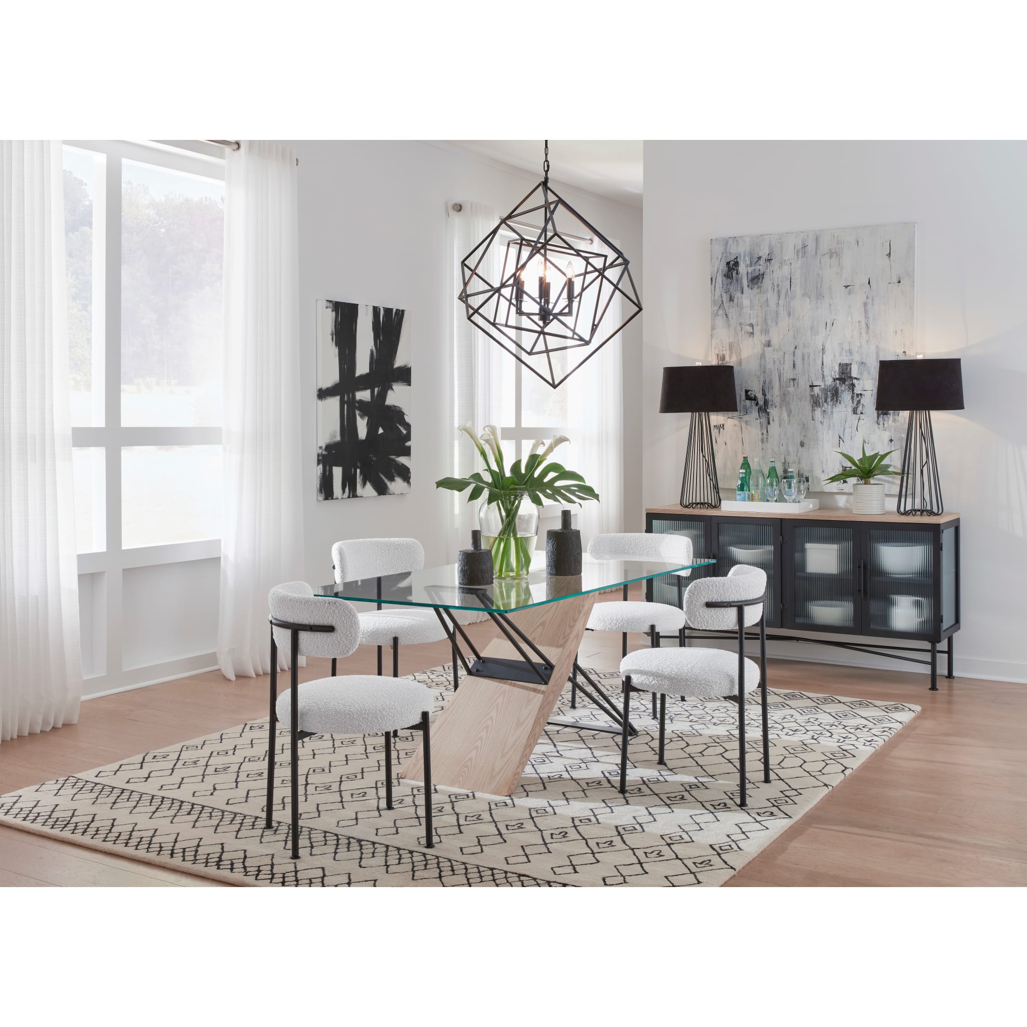 Aere Glass, Wood and Metal Rectangular Dining Table in Natural Ash and Black