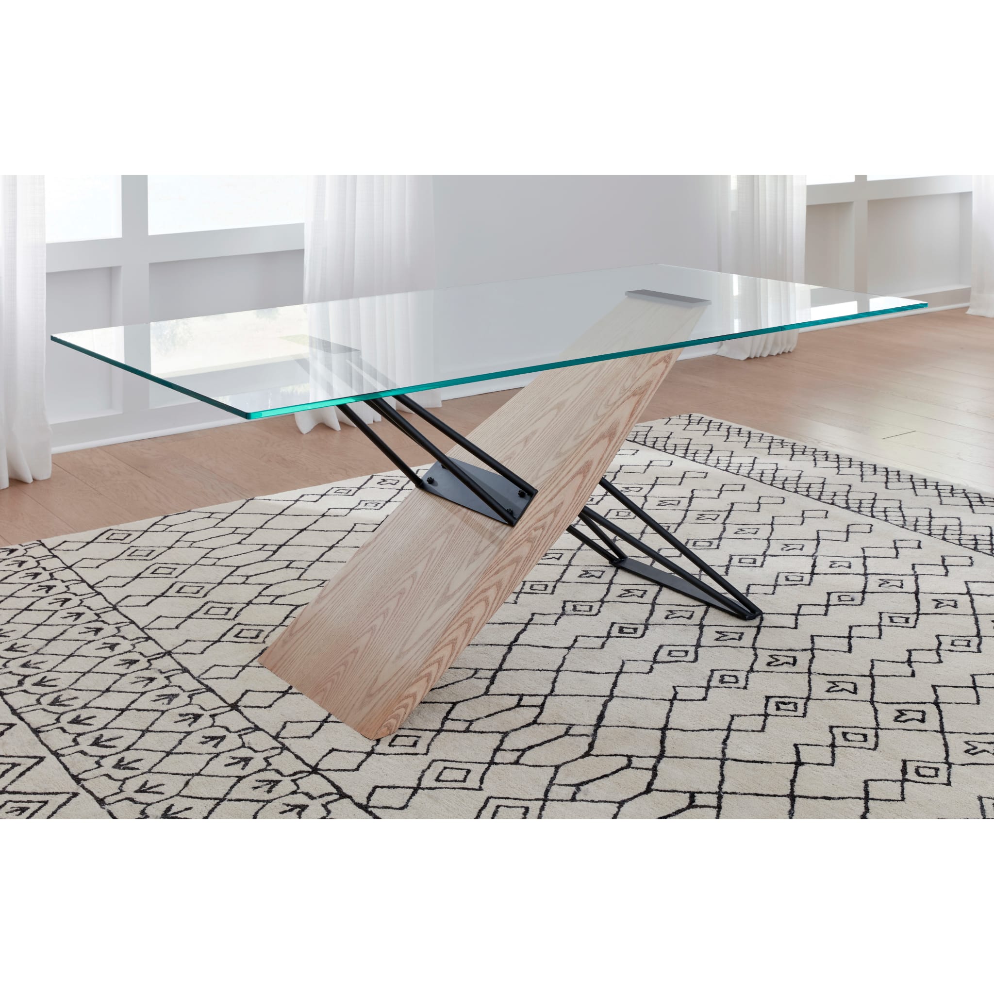 Aere Glass, Wood and Metal Rectangular Dining Table in Natural Ash and Black
