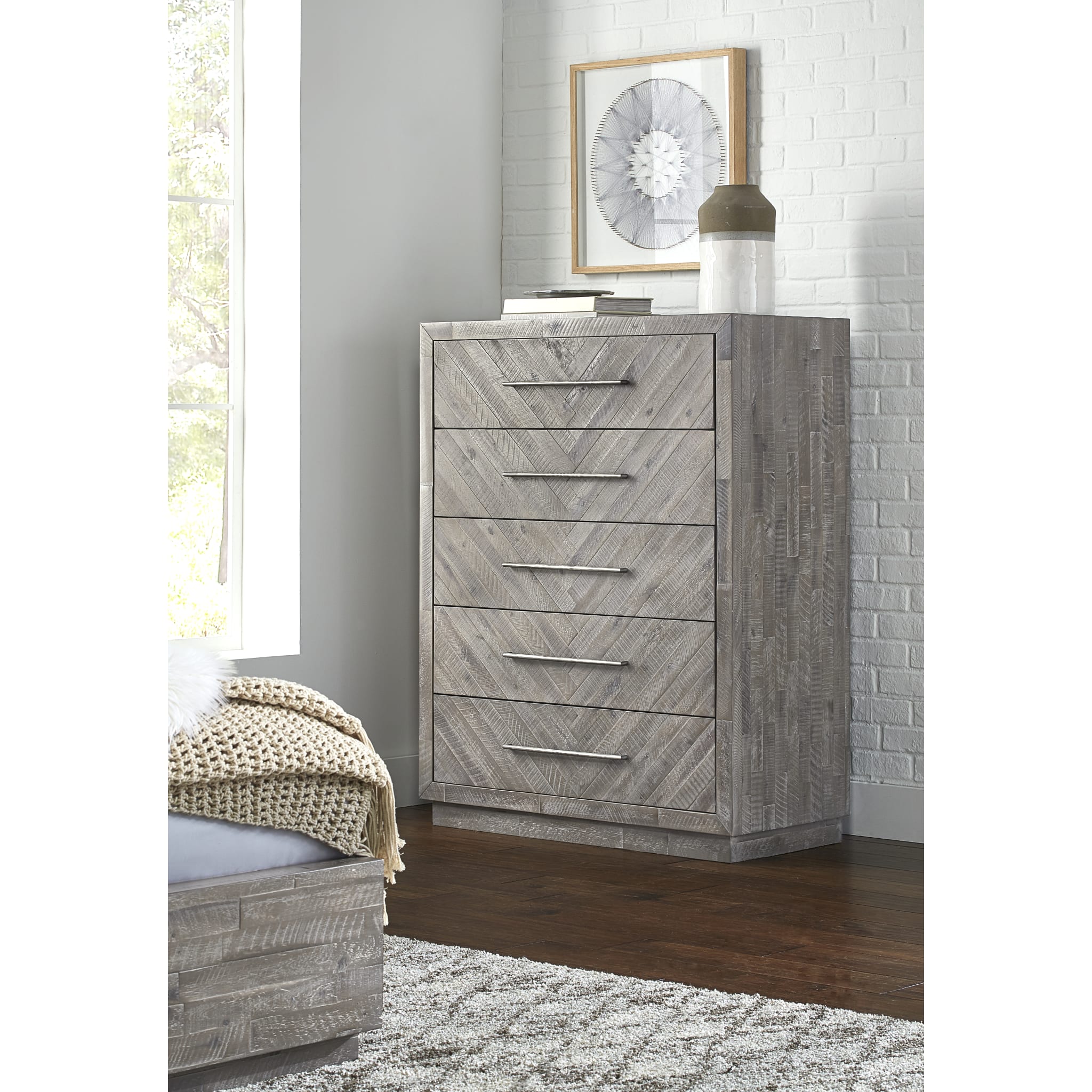Alexandra Solid Wood Five Drawer Chest in Rustic Latte (2024)