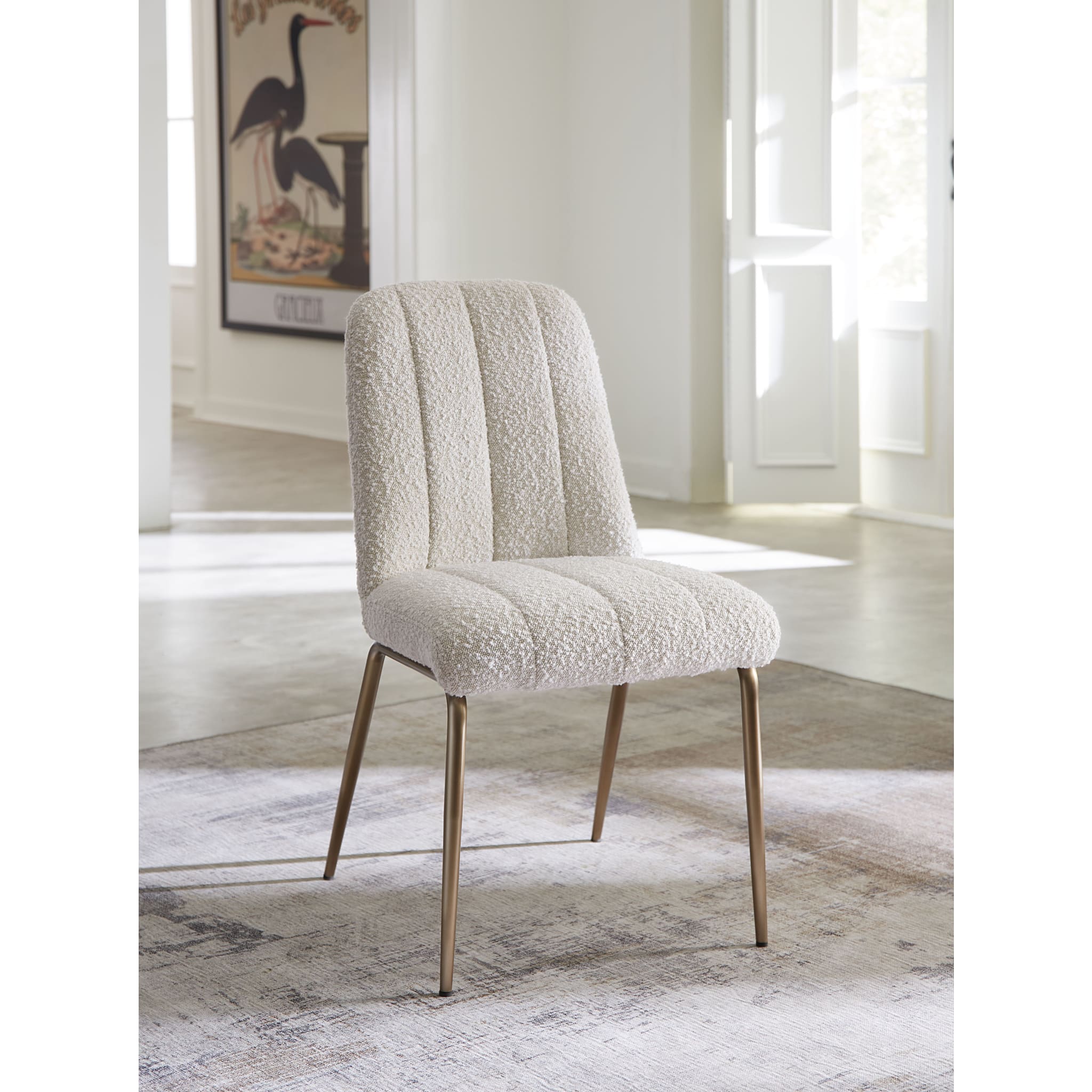 Apollo Upholstered Dining Chair in Ricotta Boucle and Brushed Bronze Metal