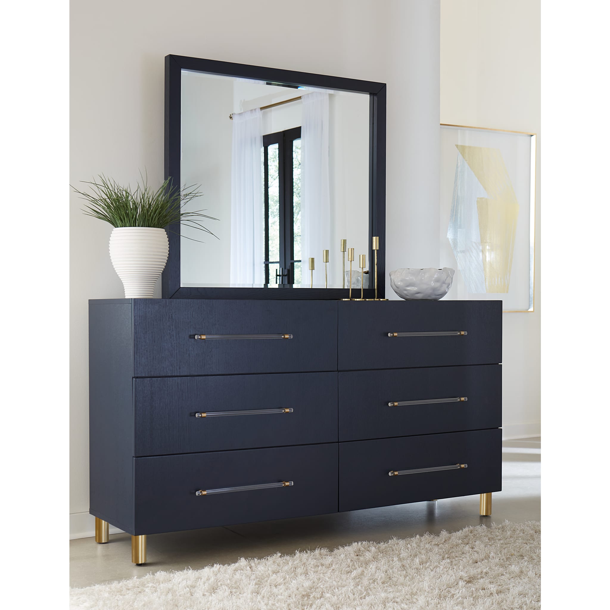Argento Beveled Glass Wall or Dresser Mirror in Navy Blue