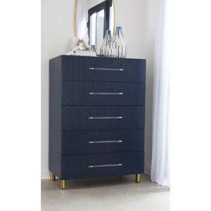 Argento Five Drawer Chest in Navy Blue and Burnished Brass (2024)