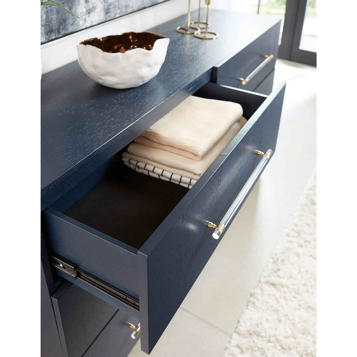 navy dresser Modus Furniture Argento Six Drawer Dresser in Navy Blue and Burnished Brass (2024)