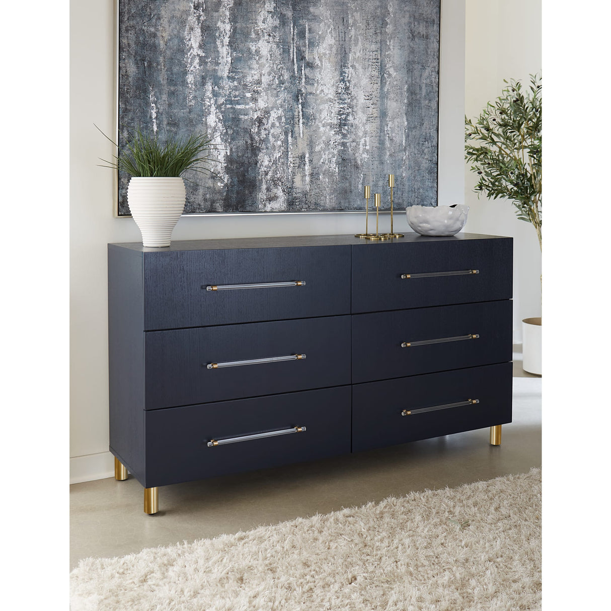 Argento Six Drawer Dresser in Navy Blue and Burnished Brass (2024) Argento Six Drawer Dresser in Navy Blue and Burnished Brass (2024)