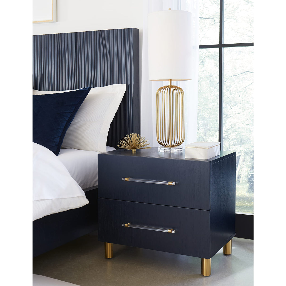 Argento Two Drawer USB Charging Nightstand in Navy Blue and Burnished Brass