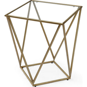Aria Square End Table in Gold Brushed Stainless Steel and Ultra Clear Glass