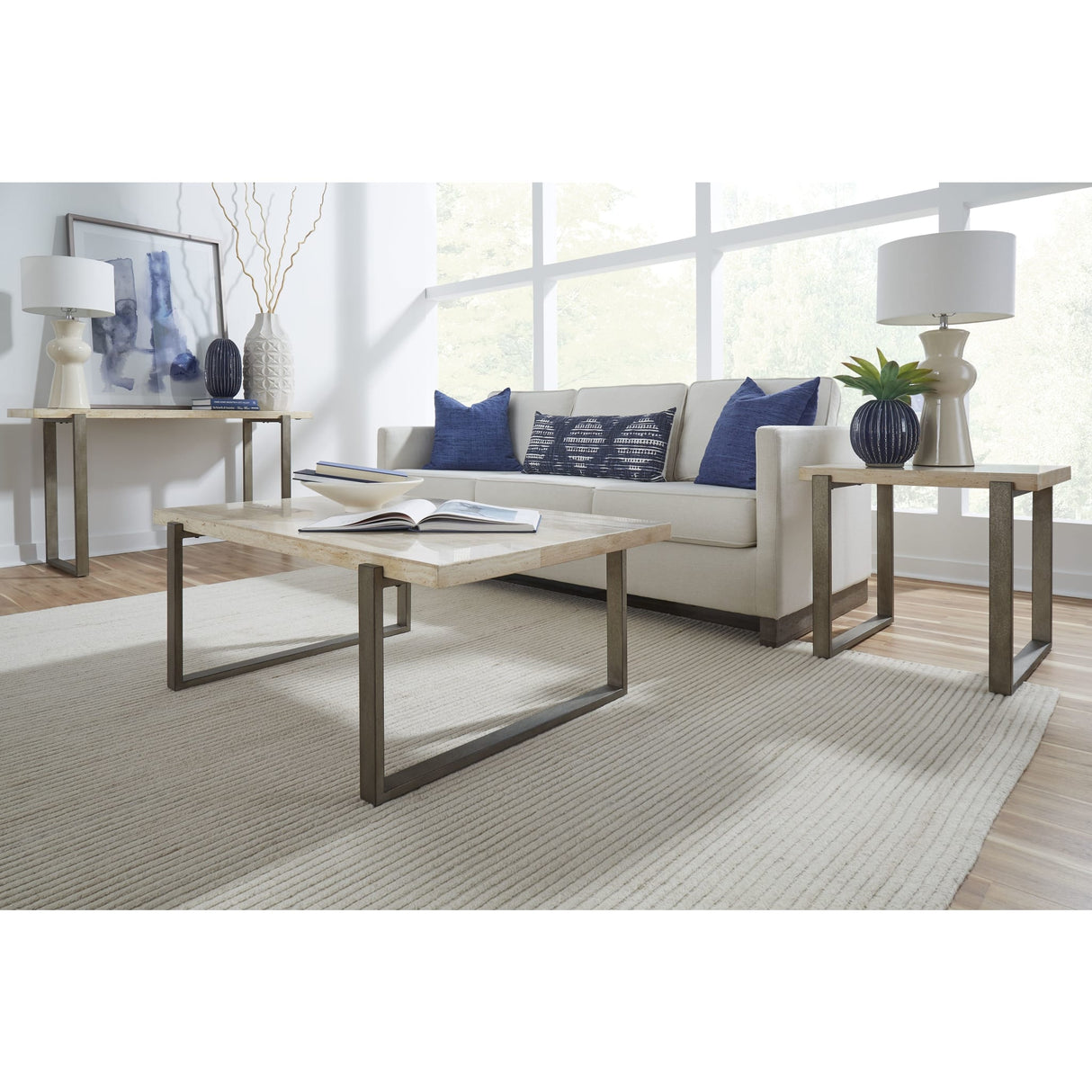 Ariela Natural Travertine Coffee Table with Bronze Metal Base