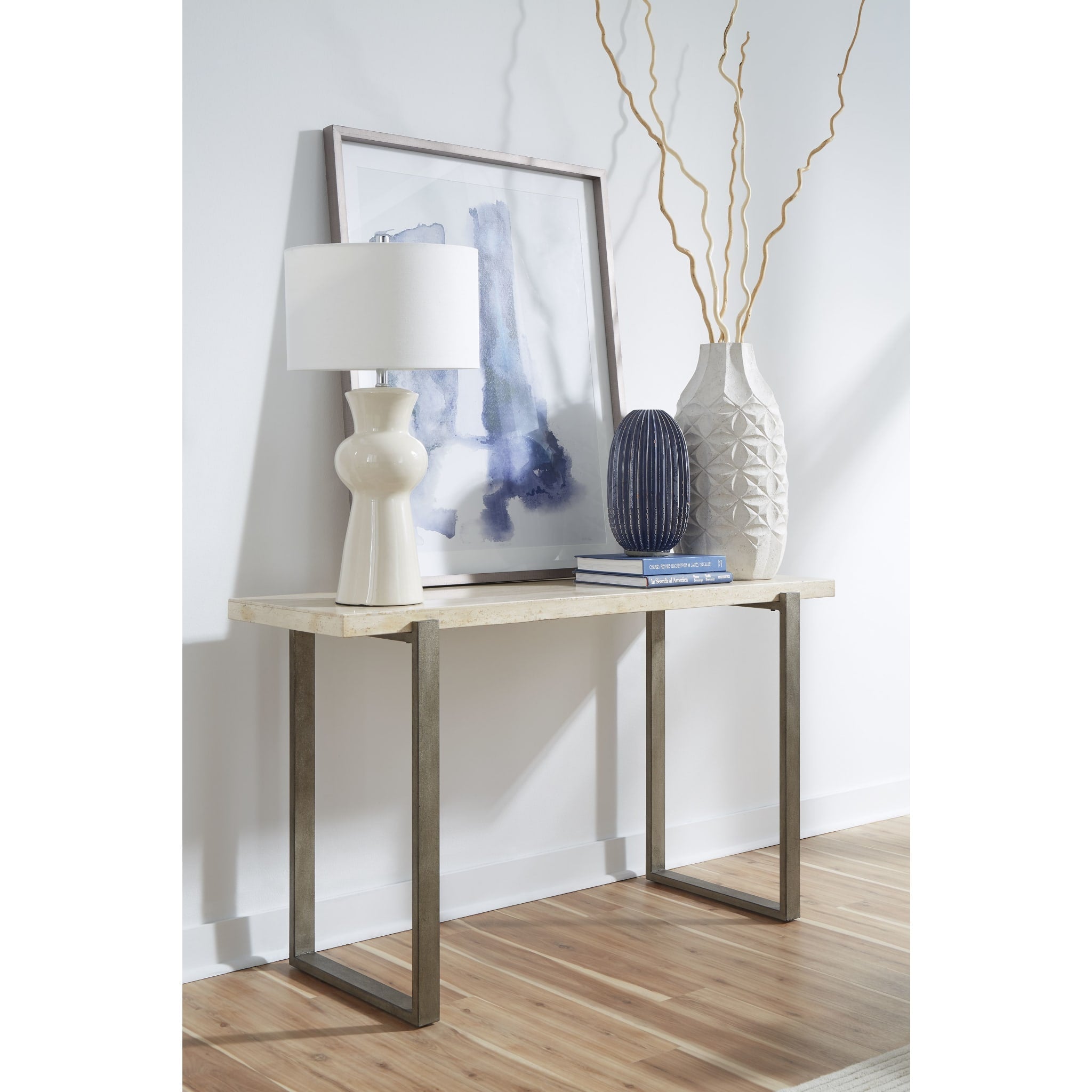 Ariela Natural Travertine Console Table with Bronze Metal Base