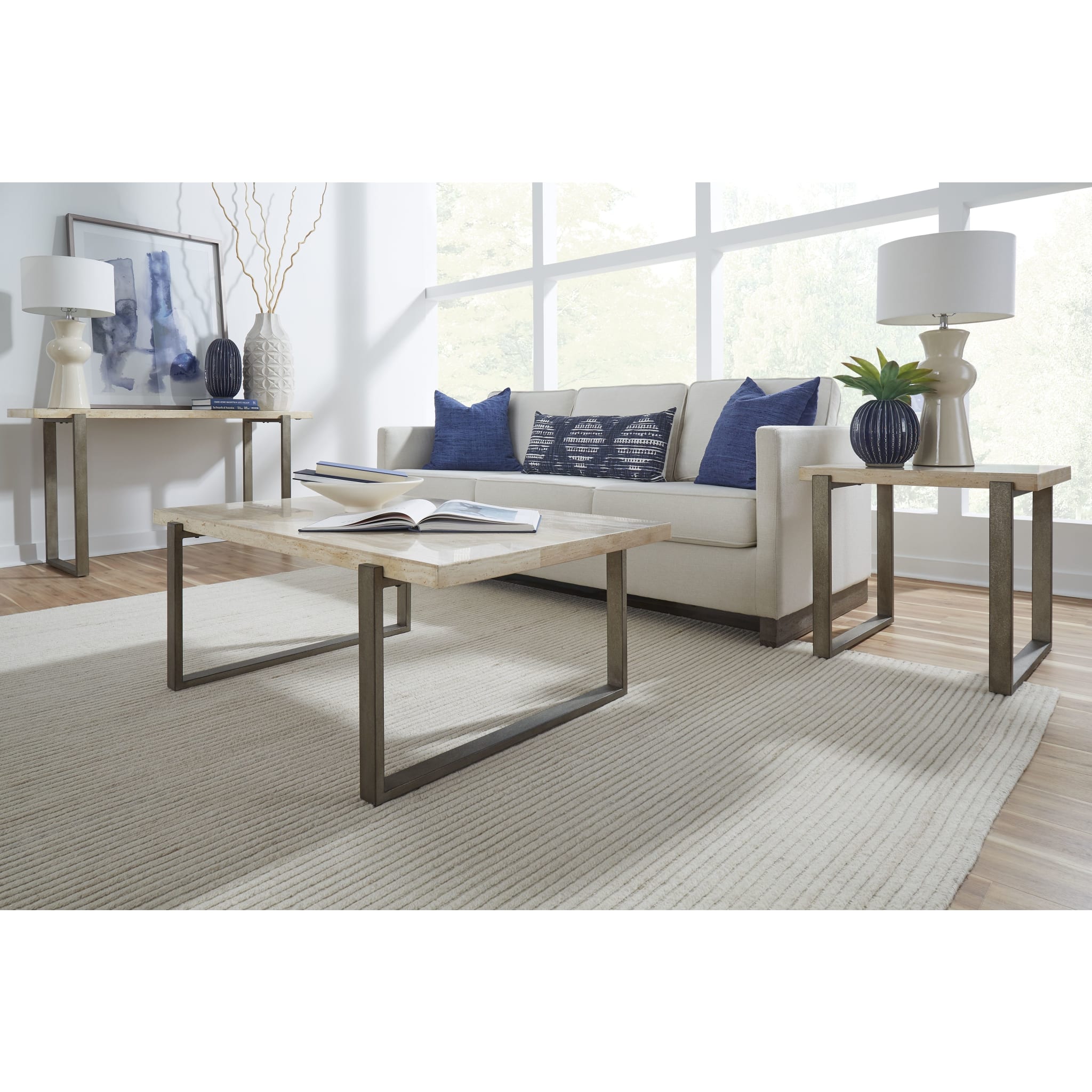 Ariela Natural Travertine End Table with Bronze Metal Base