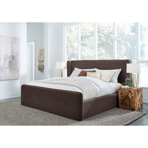 Bacall Velvet Upholstered Wingback Platform Bed in Cola