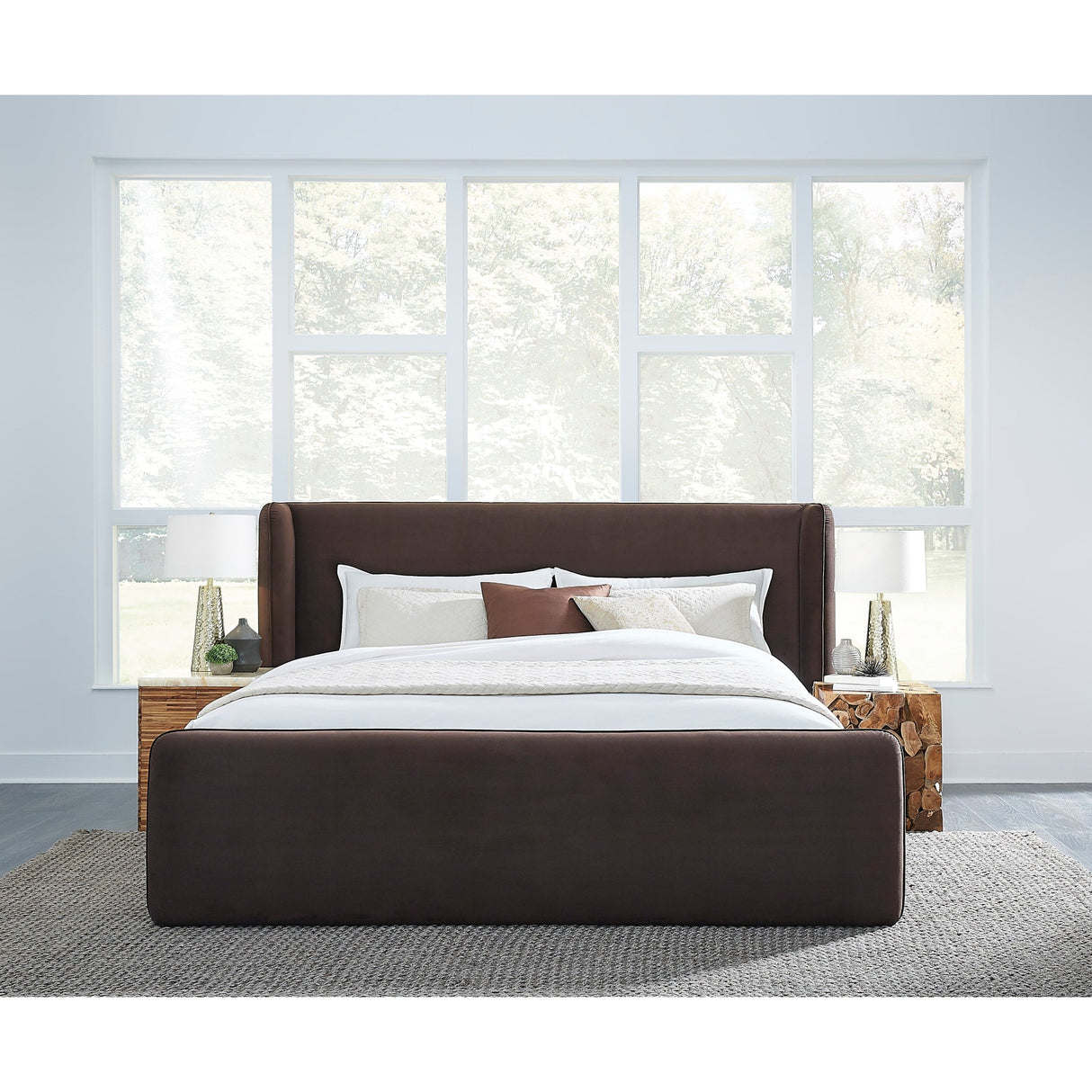 Bacall Velvet Upholstered Wingback Platform Bed in Cola