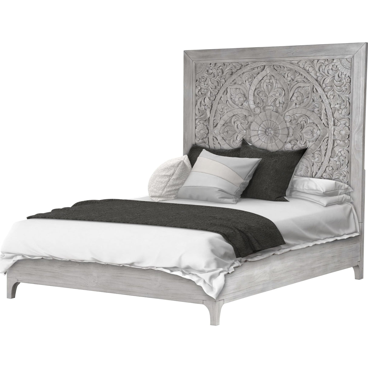 Boho Chic Carved Platform Bed in Washed White