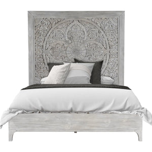 Boho Chic Carved Platform Bed in Washed White