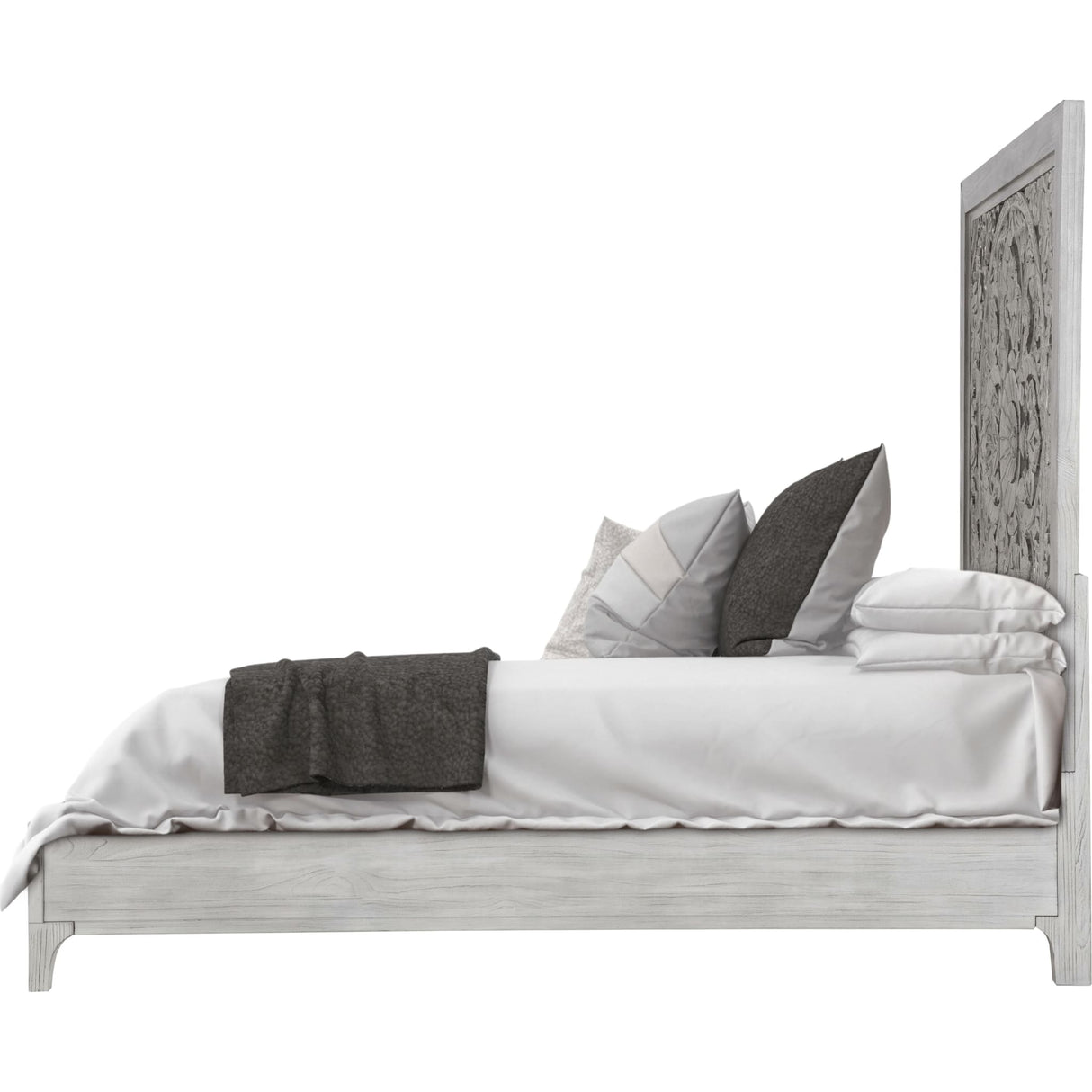 Boho Chic Carved Platform Bed in Washed White