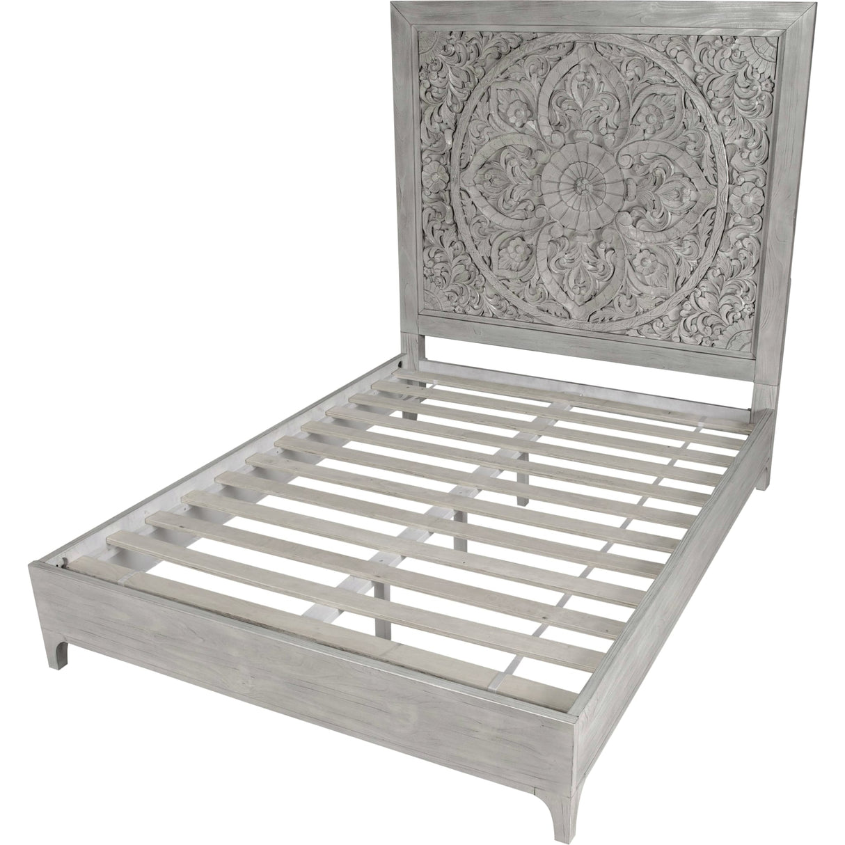 Boho Chic Carved Platform Bed in Washed White