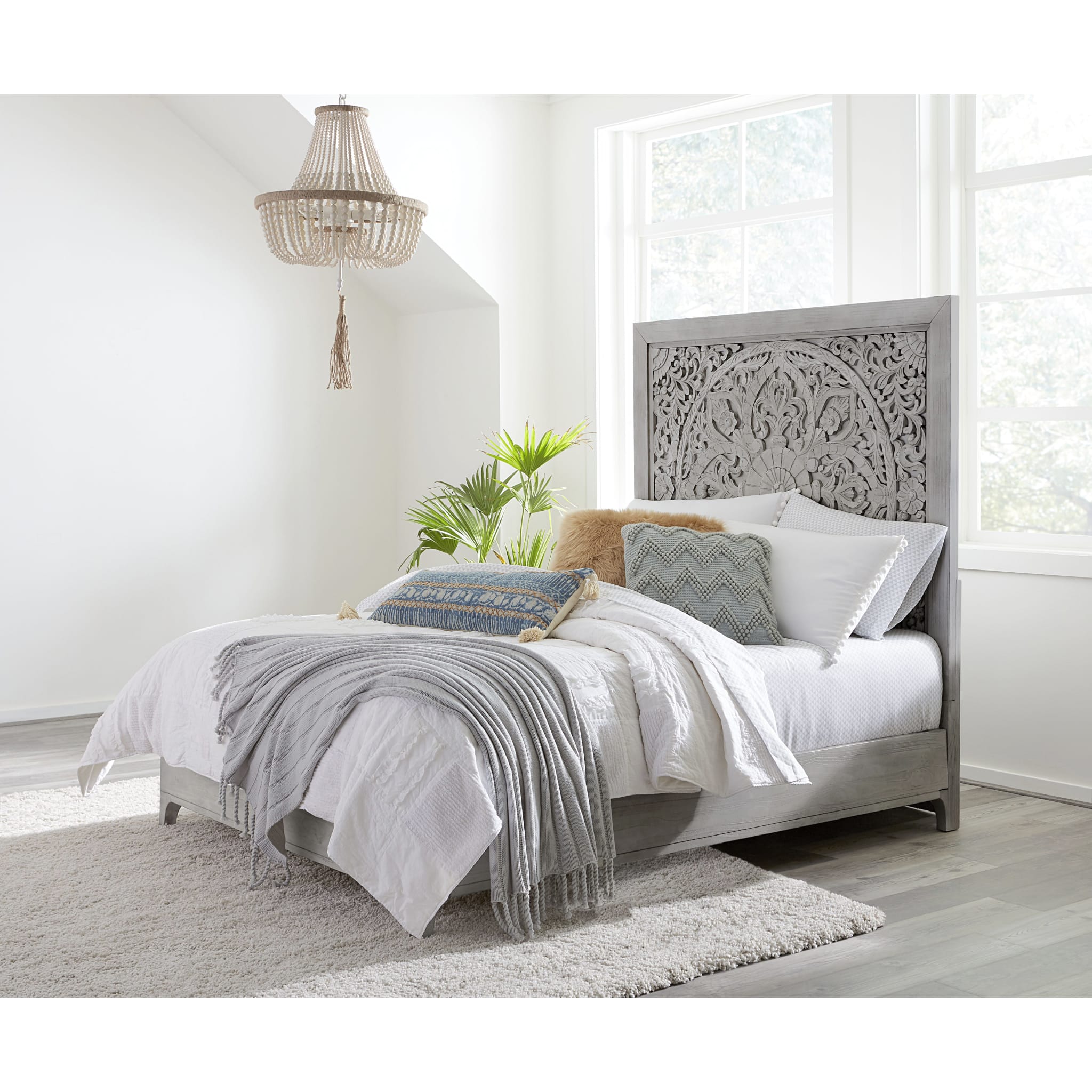 Boho Chic Carved Platform Bed in Washed White