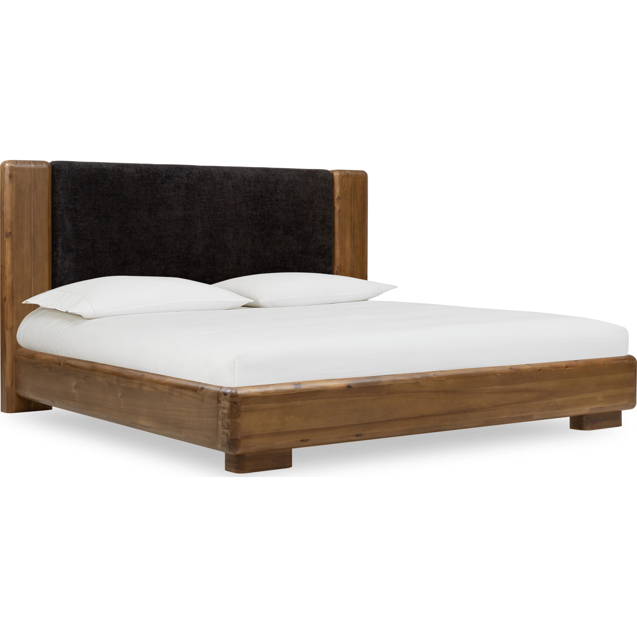 Boka Chenille Upholstered Acacia Wood Platform Bed in Black and Impala