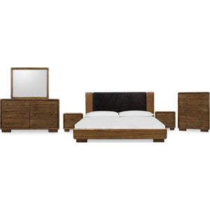 Boka Chenille Upholstered Acacia Wood Platform Bed in Black and Impala