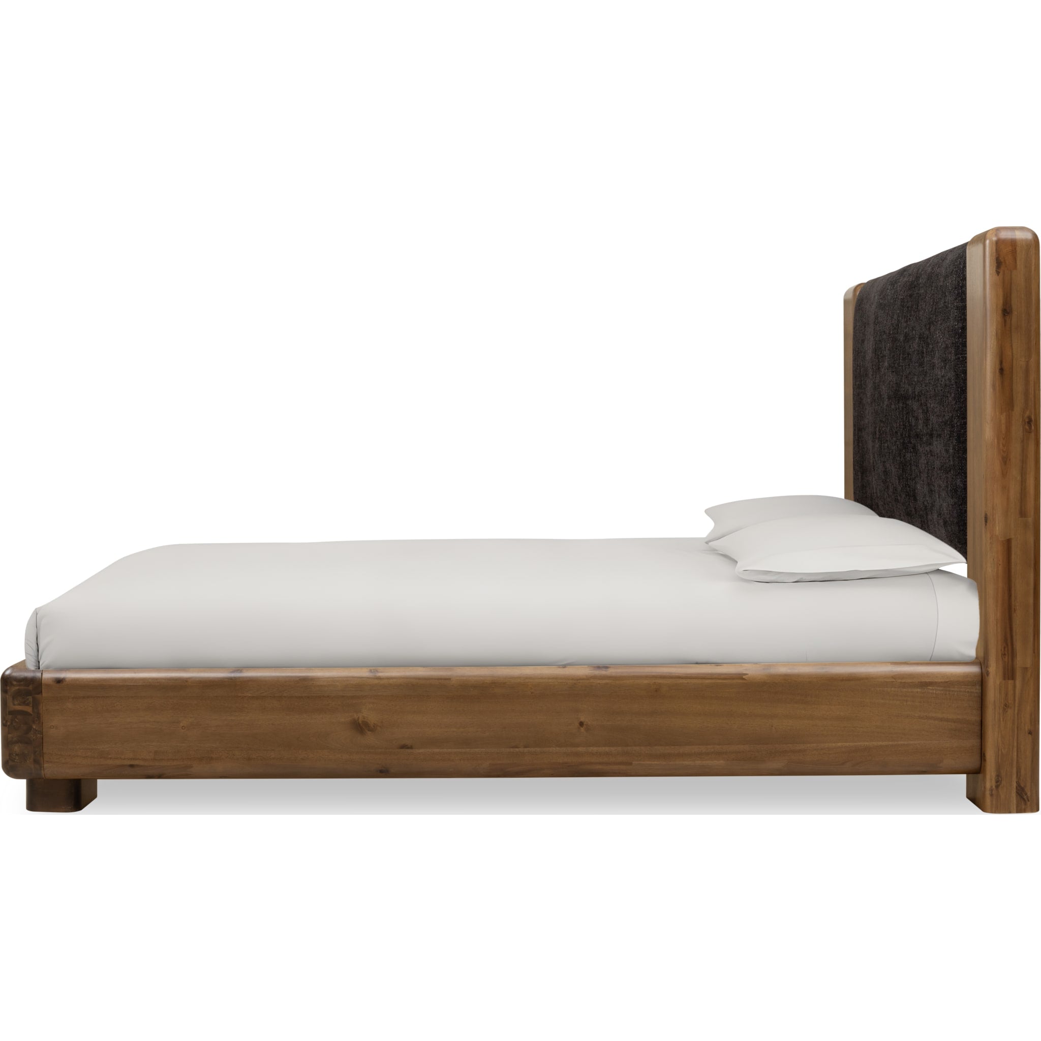Boka Chenille Upholstered Acacia Wood Platform Bed in Black and Impala