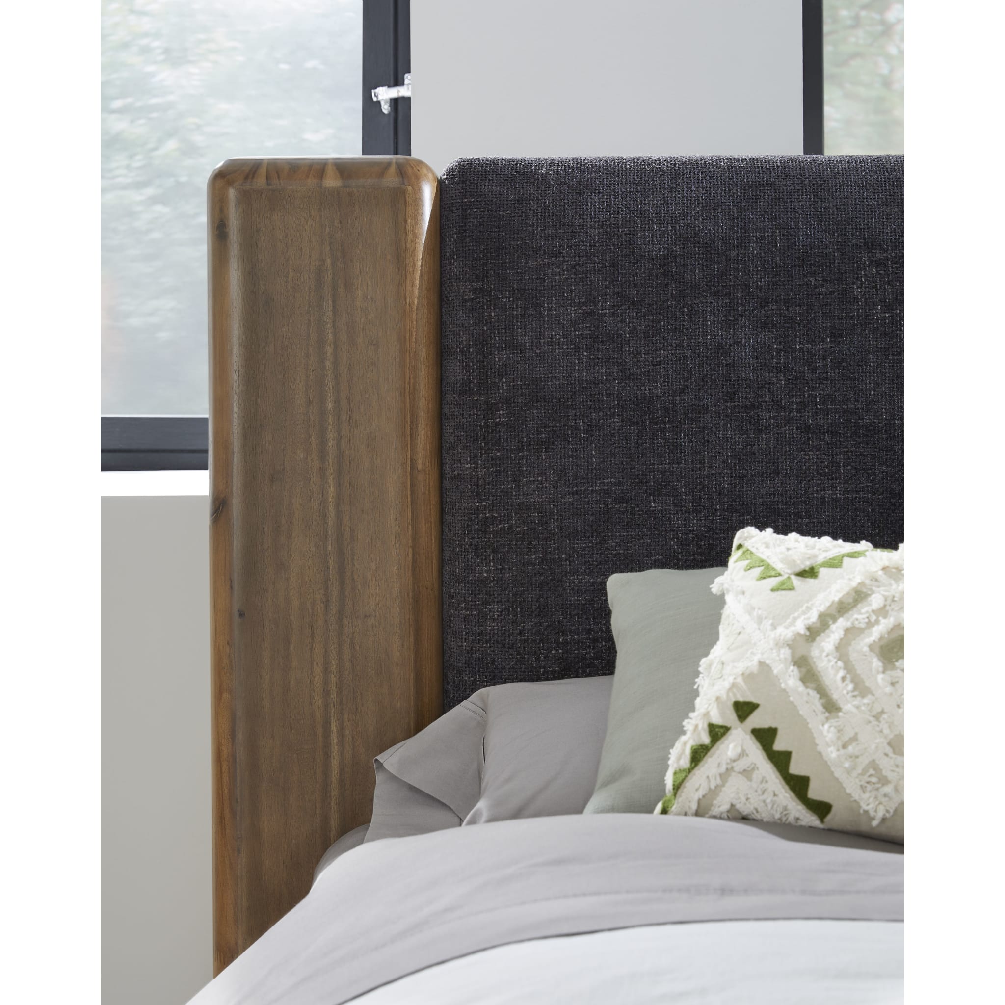 Boka Chenille Upholstered Acacia Wood Platform Bed in Black and Impala