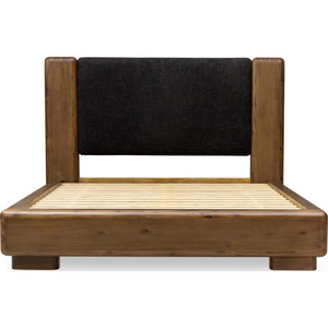 Boka Chenille Upholstered Acacia Wood Platform Bed in Black and Impala