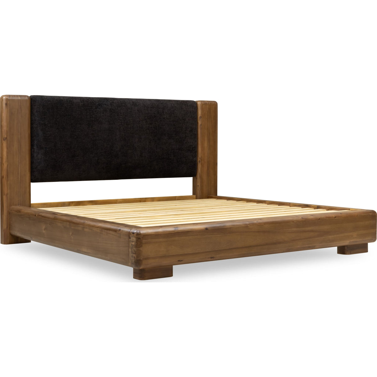 Boka Chenille Upholstered Acacia Wood Platform Bed in Black and Impala