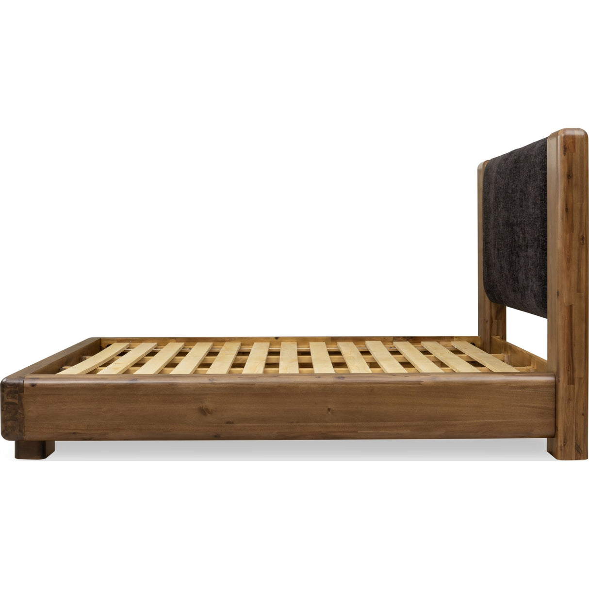 Boka Chenille Upholstered Acacia Wood Platform Bed in Black and Impala