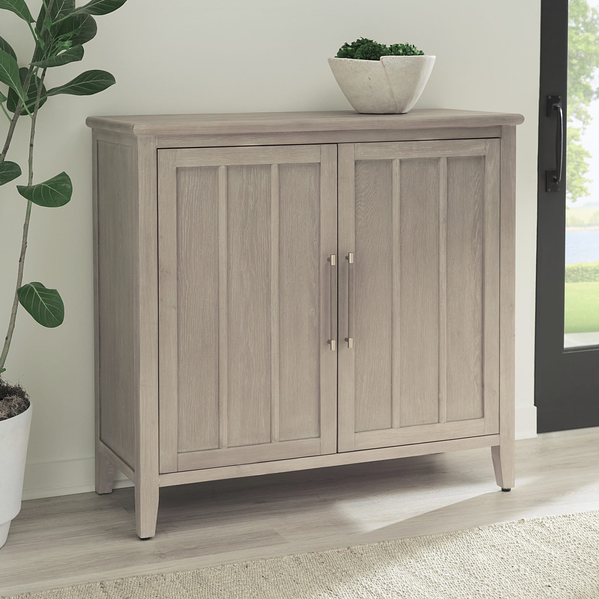 Camden Two Door Two Drawer Bar Cabinet with Stemware Rack and Wine Rack in Chai