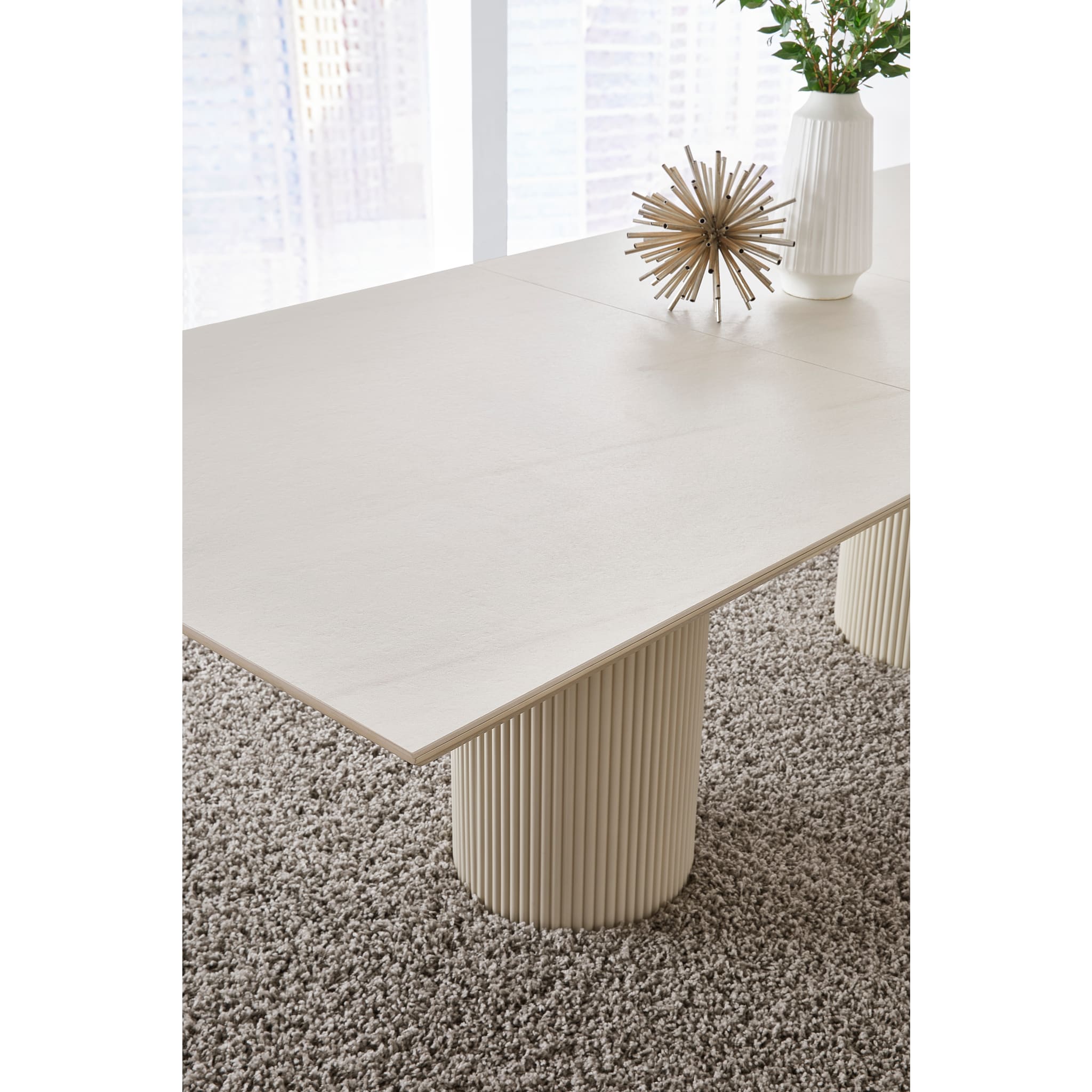 Cannon Stone Top Double Pedestal Extension Dining Table with Ivory Wood Base