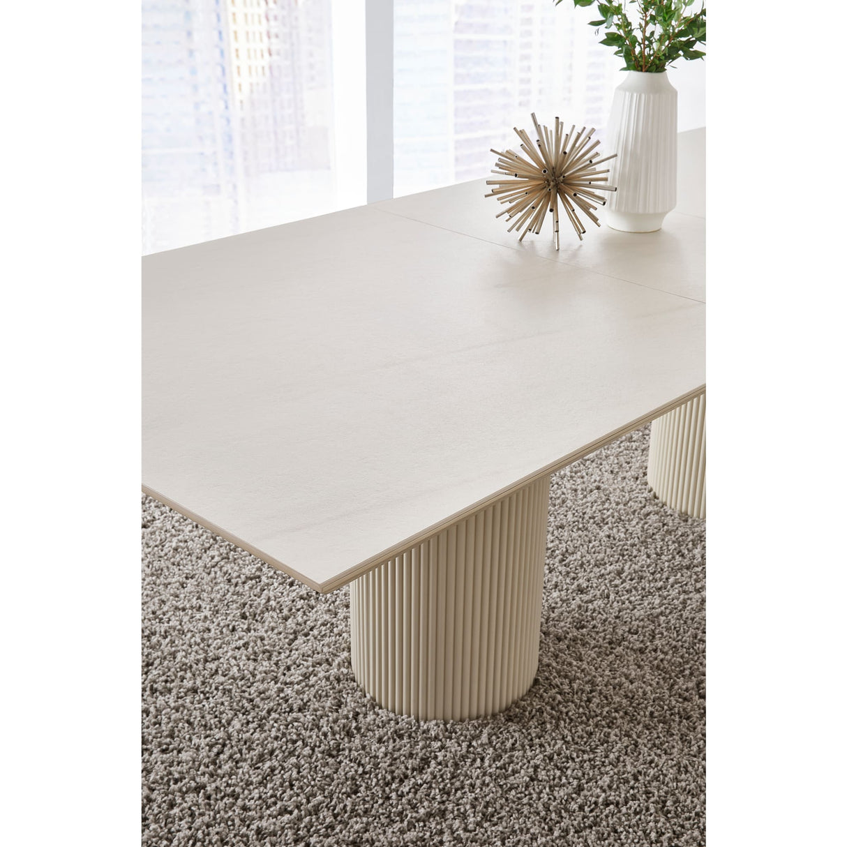 Cannon Stone Top Double Pedestal Extension Dining Table with Ivory Wood Base